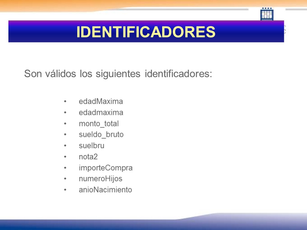 IDENTIFICADORES Son válidos los siguientes identificadores: edadMaxima edadmaxima monto_total sueldo_bruto suelbru nota2 importeCompra numeroHijos